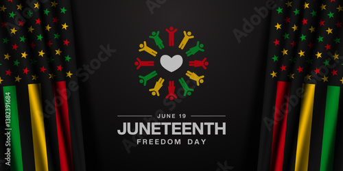 June 19 is Juneteenth freedom day. Flag, people and heart. Great for posters, banners, social media and more. Black background.