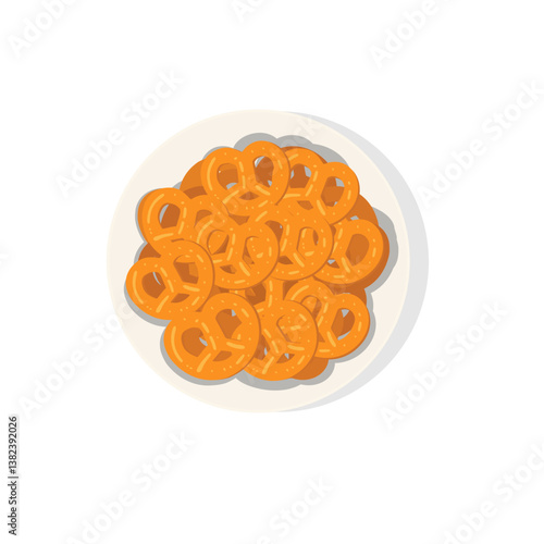 Top view of salty pretzels in a bowl  isolated on a white background. Pub grub, movie snack or bar food  on a table from above