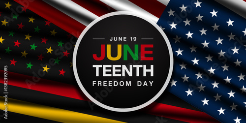 June 19 is Juneteenth freedom day. American flag and more. Great for posters, banners, social media and more. Black background.