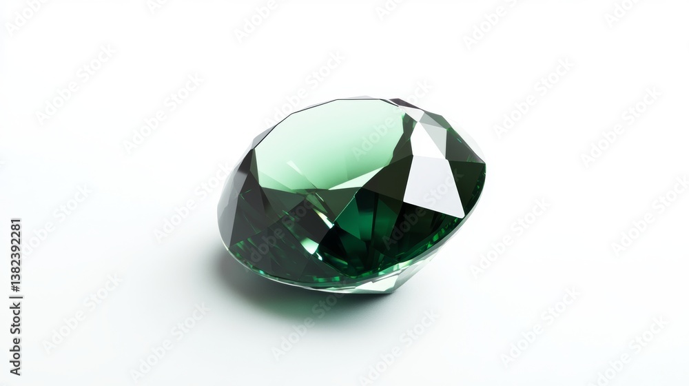 Fototapeta premium Stunning green gemstone with intricate facets reflecting light displayed on a clean surface, isolated on white background