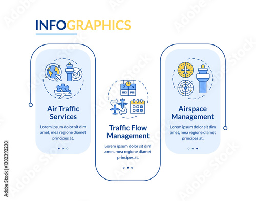 Air traffic flow management rectangle infographic vector. Tower control, aircraft maintenance. Data visualization with 3 steps. Editable rectangular options chart. Lato-Bold, Regular fonts used