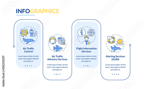 Air traffic advisory services rectangle infographic vector. Flight information, alerting. Data visualization with 4 steps. Editable rectangular options chart. Lato-Bold, Regular fonts used