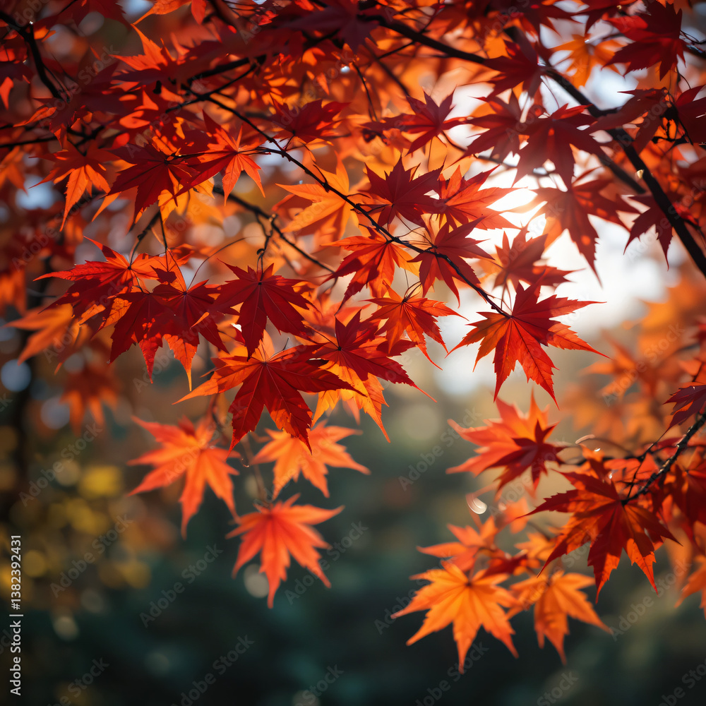 Bright red maple leaves and gold autumn foliage paint the park's trees Bright red maple leaves and gold autumn foliage paint the park's trees