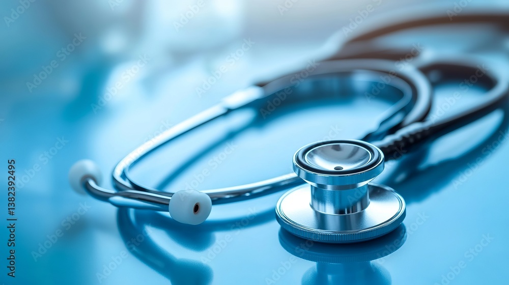 A close up view of a stethoscope on a reflective blue surface in a medical setting environment A close up view of a stethoscope on a reflective blue surface in a medical setting environment