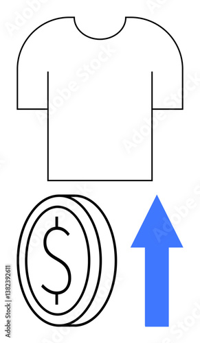 T-shirt outline with coin featuring dollar sign and upward blue arrow symbolizing rising clothing costs. Ideal for fashion, economy, pricing, retail, expense, trade, growth concepts. Flat simple
