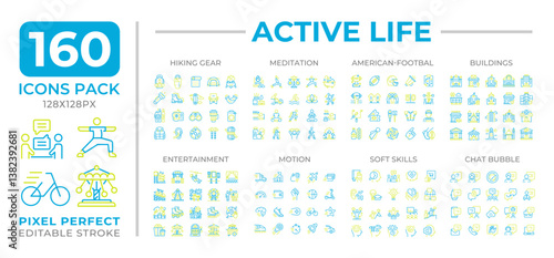 Active life two color line icons set collection. Integrating physical activity into everyday routines bicolor outline mega pack isolated, pixel perfect. Duotone thin lineart. Editable stroke