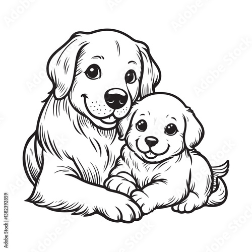 Line art of mother golden retriever and her puppy cartoon vector