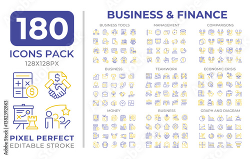 Business and finance two color line icons set collection. Commercial strategy. Corporate development management bicolor outline mega pack isolated, pixel perfect. Duotone thin lineart. Editable stroke
