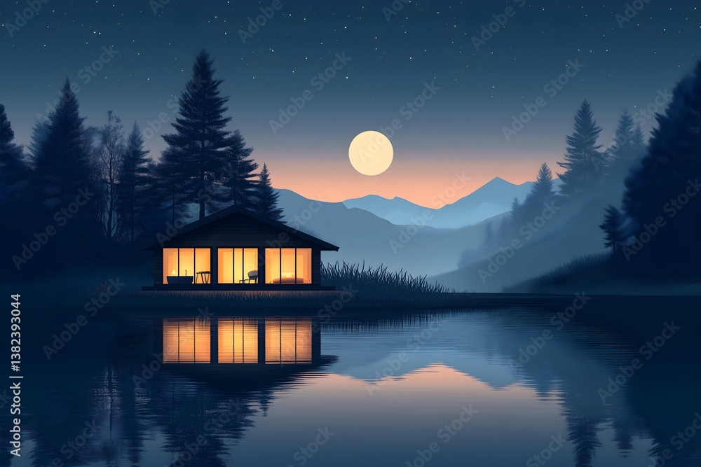 Fototapeta premium Experience tranquility at a serene wellness retreat by the lake surrounded by mountains during dusk