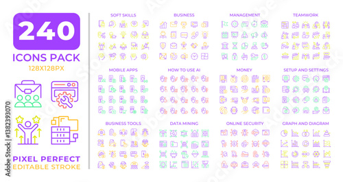 Digital business two color line icons set collection. E commerce management. Online marketing data analytics bicolor outline mega pack isolated, pixel perfect. Duotone thin lineart. Editable stroke