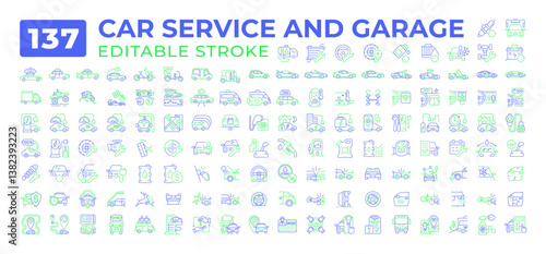 Car service and garage two color line icons set collection. Maintenance checkup of vehicle. Automobile repair shop bicolor outline mega pack isolated. Duotone thin lineart. Editable stroke