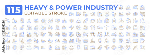 Heavy and power industry two color line icons set collection. Modern machinery technology with electricity generation bicolor outline mega pack isolated. Duotone thin lineart. Editable stroke