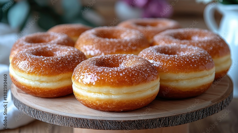 Golden Glazed Donuts: Delightful display of freshly baked donuts, showcasing their glistening glaze and inviting texture on a rustic wooden stand. Golden Glazed Donuts: Delightful display of freshly baked donuts, showcasing their glistening glaze and inviting texture on a rustic wooden stand.
