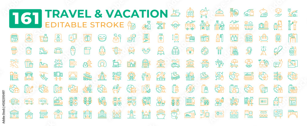 Fototapeta premium Travel and vacation two color line icons set collection. Visiting foreign countries on holidays. Tourist support service bicolor outline mega pack isolated. Duotone thin lineart. Editable stroke