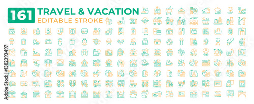 Travel and vacation two color line icons set collection. Visiting foreign countries on holidays. Tourist support service bicolor outline mega pack isolated. Duotone thin lineart. Editable stroke
