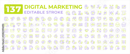 Digital marketing two color line icons set collection. E business tools. Electronic commerce development planning bicolor outline mega pack isolated. Duotone thin lineart. Editable stroke