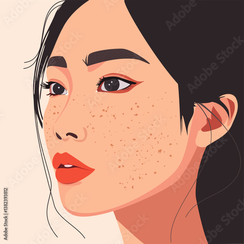 Face of an Asian woman with melasma or hyper pigmentation due to skin damage, disorder or condition, isolated on a cream background. Skincare, beauty or cosmetic treatment concept for facial care