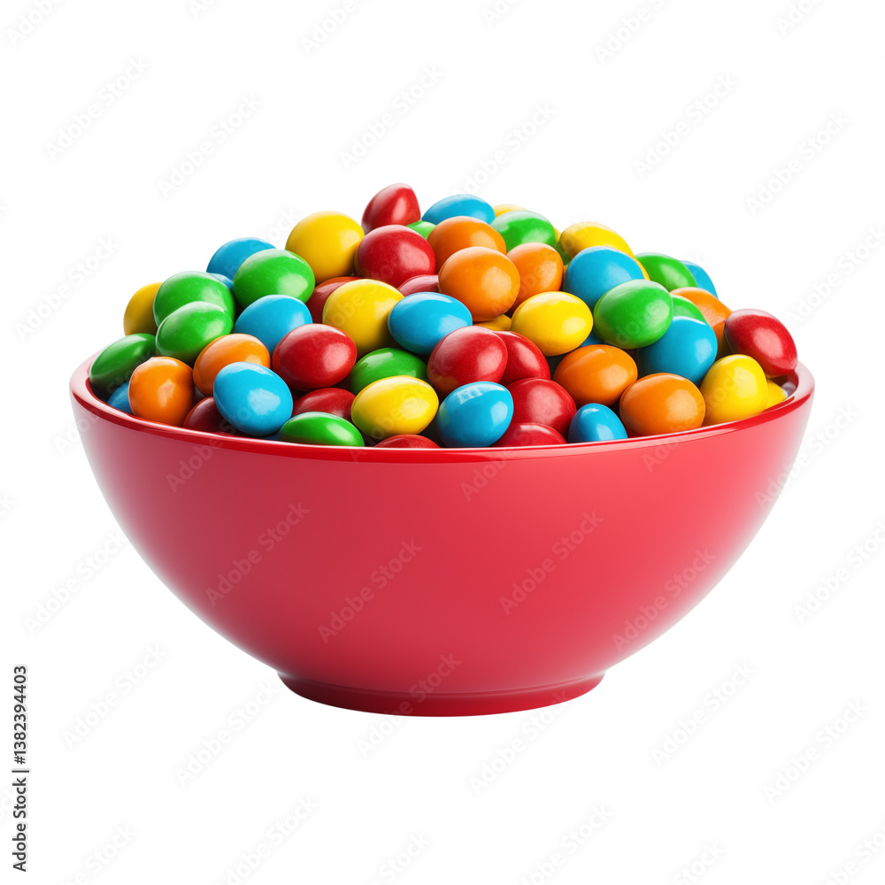 A red bowl overflowing with colorful coated candies on a plain in a studio shot on transparent background png A red bowl overflowing with colorful coated candies on a plain in a studio shot on transparent background png