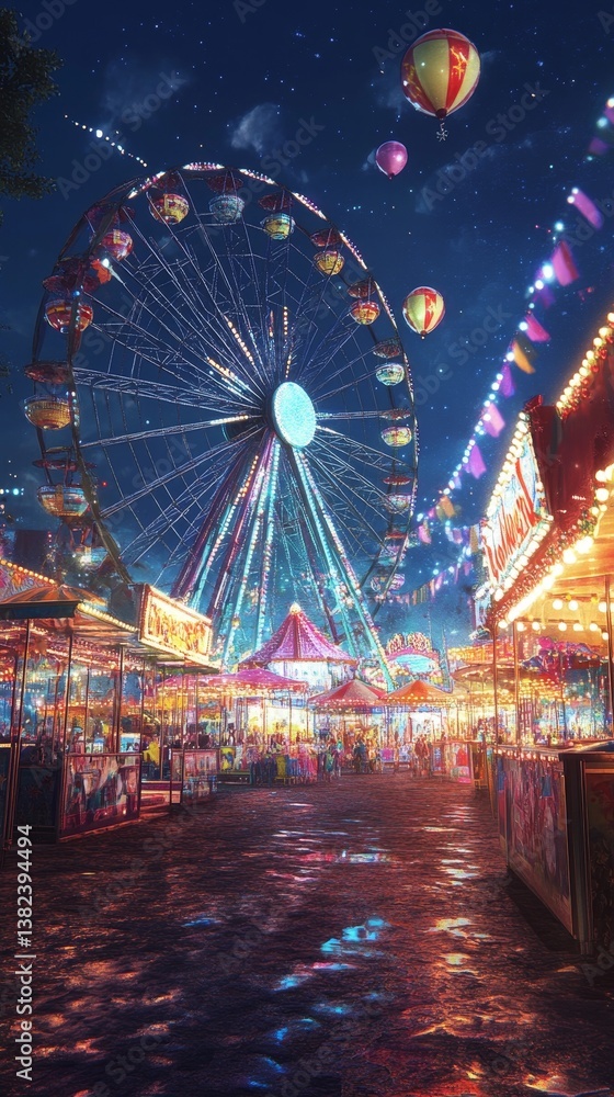 Ferris wheel and crowds at a fair or carnival at