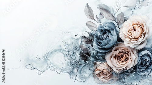 Roses in pastel colors with water splash effect bloom