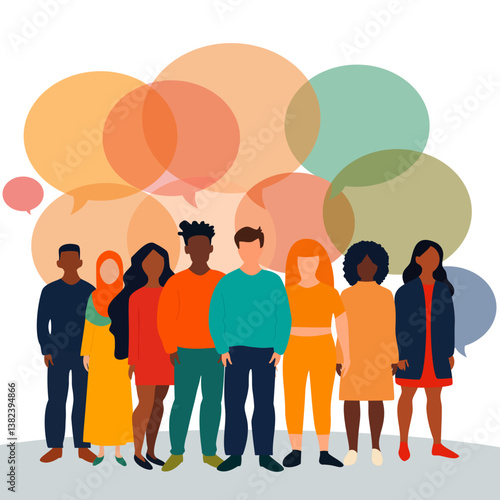 Group of diverse young people with speech bubbles for a neurodiversity concept isolated on a white background. Team or crowd with thought balloons think and chat in a social or community network