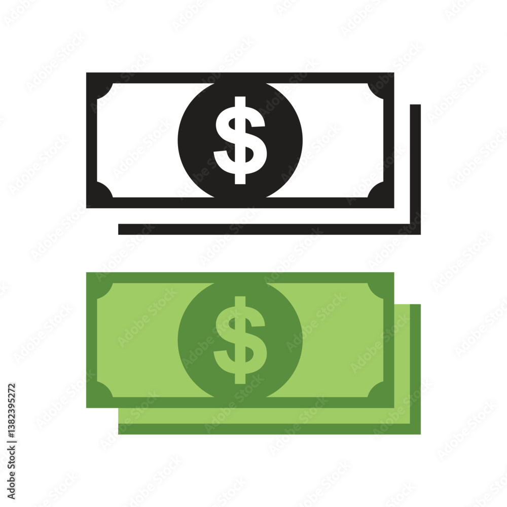 Set of dollar money vector illustration. us dollar currency. black and green dollar symbol. money payment, dollar sign Set of dollar money vector illustration. us dollar currency. black and green dollar symbol. money payment, dollar sign
