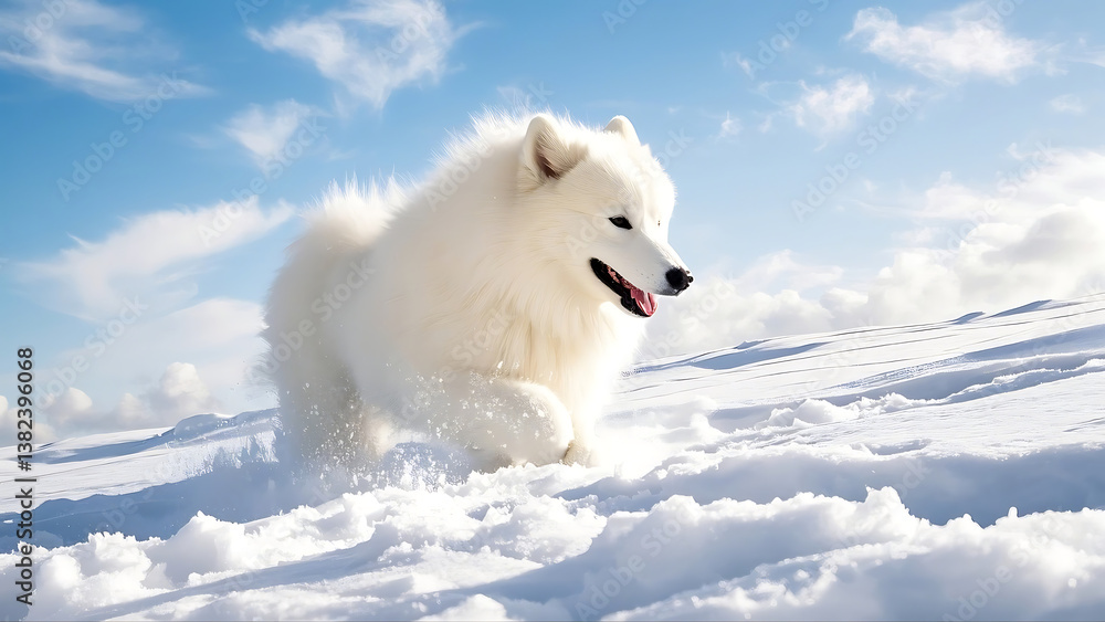 Fluffy White Dog Running Joyfully in Snowy Landscape, with Clear Blue Sky in Background Fluffy White Dog Running Joyfully in Snowy Landscape, with Clear Blue Sky in Background