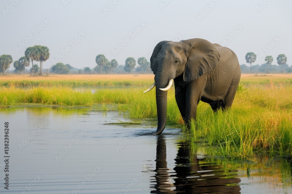 Obraz premium A peaceful African elephant wades through the waters of Chobe National Park in Botswana, capturing the essence of wildlife in a serene natural habitat during early morning light