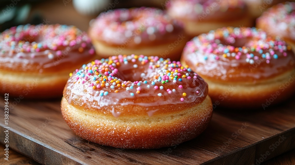 Sweet Delight: A close-up shot of a delectable glazed donut adorned with colorful sprinkles, arranged artfully on a wooden surface, inviting indulgence. Sweet Delight: A close-up shot of a delectable glazed donut adorned with colorful sprinkles, arranged artfully on a wooden surface, inviting indulgence.