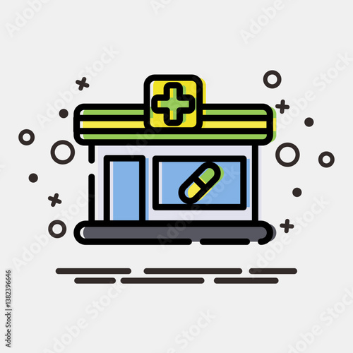 Icon pharmacy. Building elements. Icons in MBE style. Good for prints, web, posters, logo, site plan, map, infographics, etc.