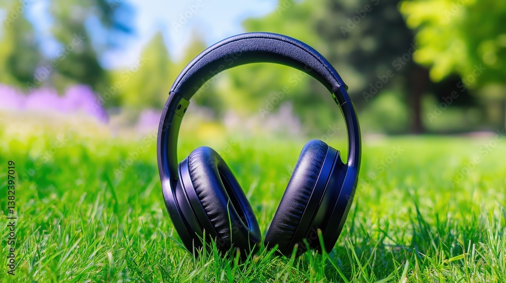 Naklejka premium Stylish Headphones on Lush Green Grass