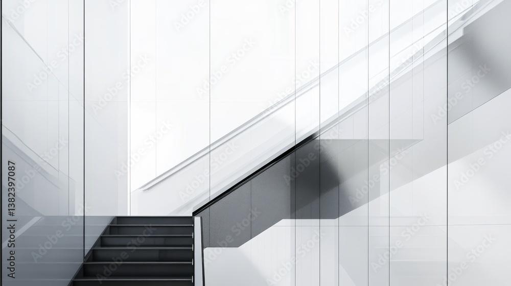 Obraz premium 8.A modern escalator with sleek metal steps and transparent glass side panels, sharply defined against a clean white background for a minimalist aesthetic.