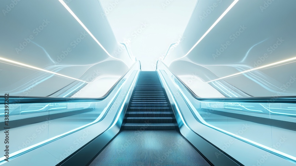 10.A futuristic escalator design with illuminated edges and glossy handrails, floating cleanly against an empty white background for a sleek presentation. 10.A futuristic escalator design with illuminated edges and glossy handrails, floating cleanly against an empty white background for a sleek presentation.
