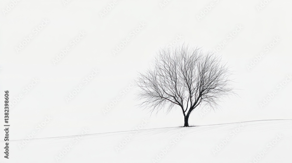 Fototapeta premium Lone tree, winter landscape, snowy field, minimalist