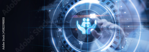 Insurance concept.  Client click on insure button. Insurance icons: car, travel, family and life insurance, financial and health.