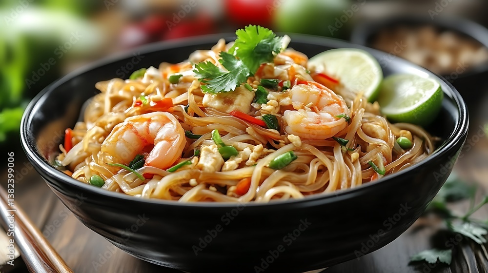 Delicious Pad Thai with Shrimp in Black Bowl Ready to Eat Delicious Pad Thai with Shrimp in Black Bowl Ready to Eat