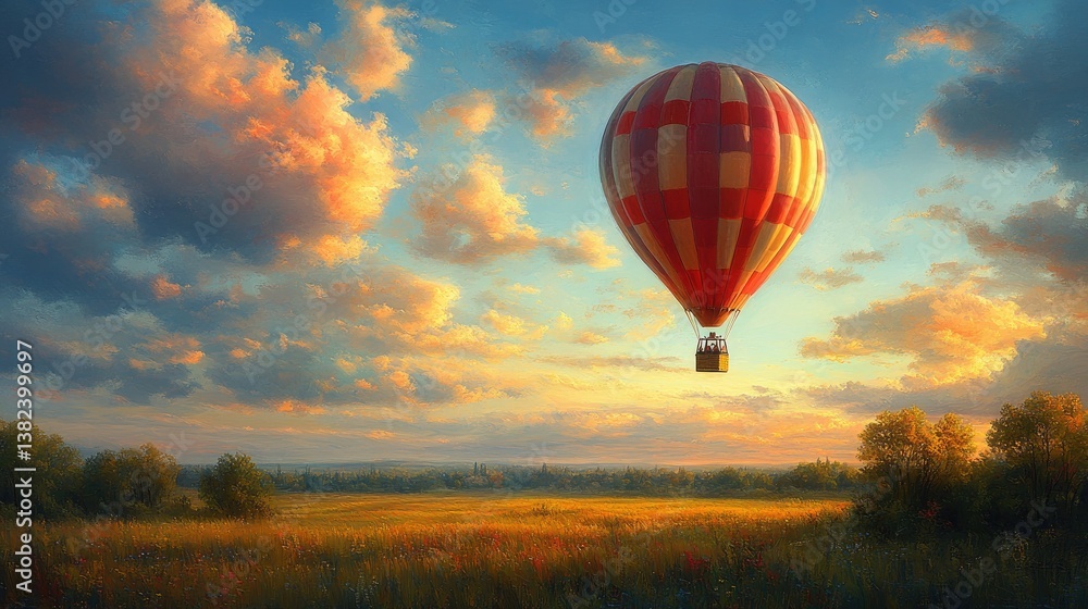 Fototapeta premium Skyward Journey: A vibrant hot air balloon drifts serenely across a canvas of a stunning sunset, evoking a sense of adventure and freedom in the heart of nature.