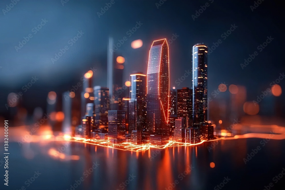 Fototapeta premium Abstract city skyline with illuminated buildings against a dark background.