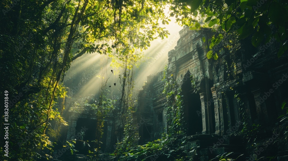 Fototapeta premium dense jungle with ancient ruins covered in vines, 