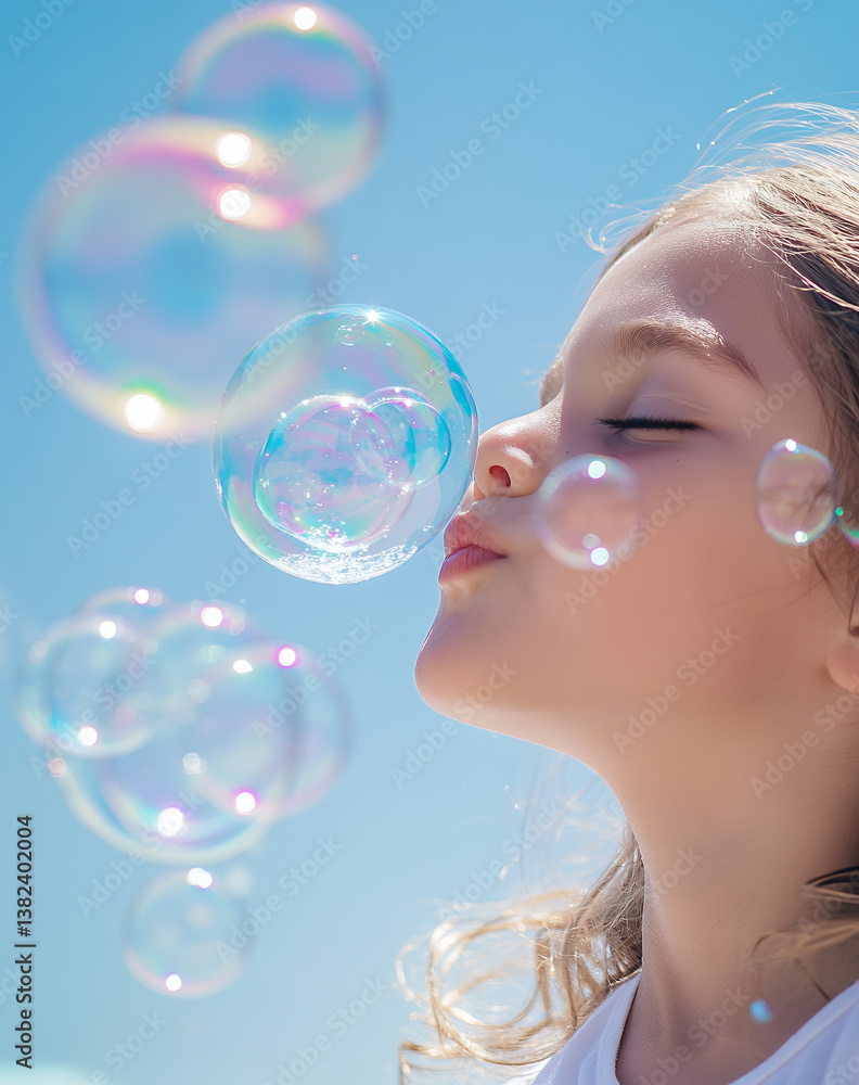 child blowing soap bubbles against clear blue sky, filled with carefree joy and playful innocence as iridescent bubbles float around child blowing soap bubbles against clear blue sky, filled with carefree joy and playful innocence as iridescent bubbles float around