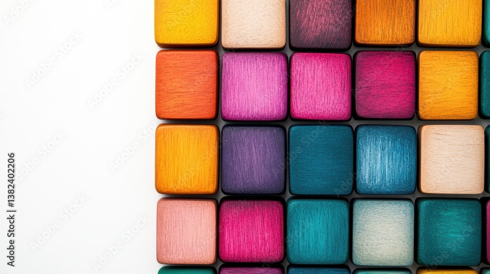Fototapeta premium Vibrant wooden blocks in assorted colors are neatly arranged on a surface, showcasing a playful and artistic design, This image is perfect for educational materials, art projects