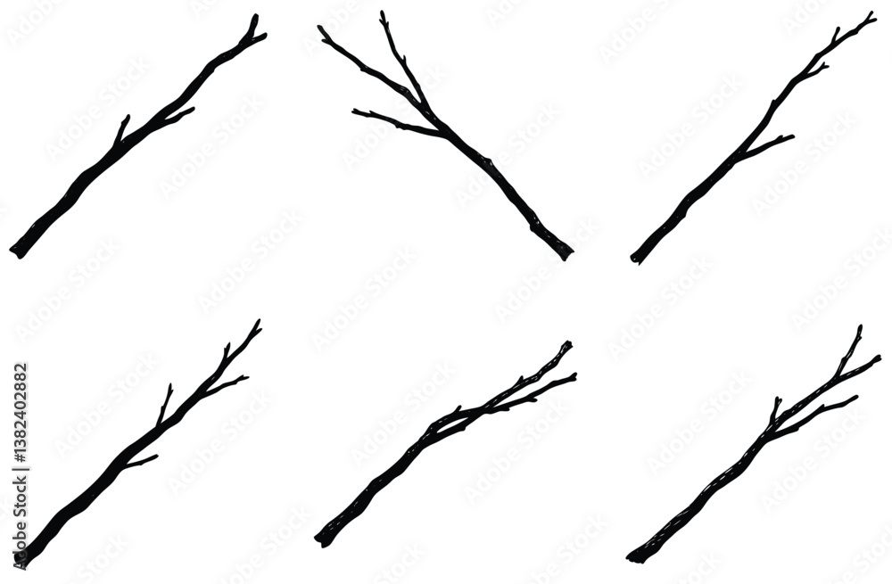 HandDrawn Branches Silhouettes Six Isolated Bare Twigs on White Background Designs HandDrawn Branches Silhouettes Six Isolated Bare Twigs on White Background Designs