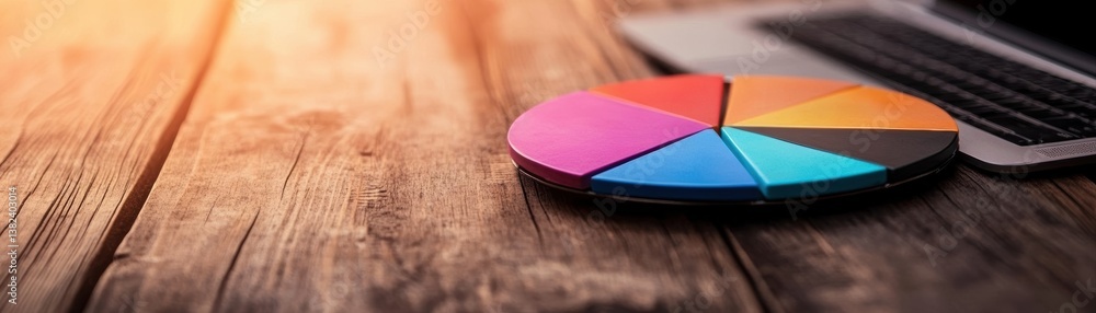 Fototapeta premium A colorful palette sits on a wooden table next to a laptop, showcasing creativity and design, Perfect for themes of art, inspiration, and digital workspaces, Ideal for blogs, websites, or marketing,