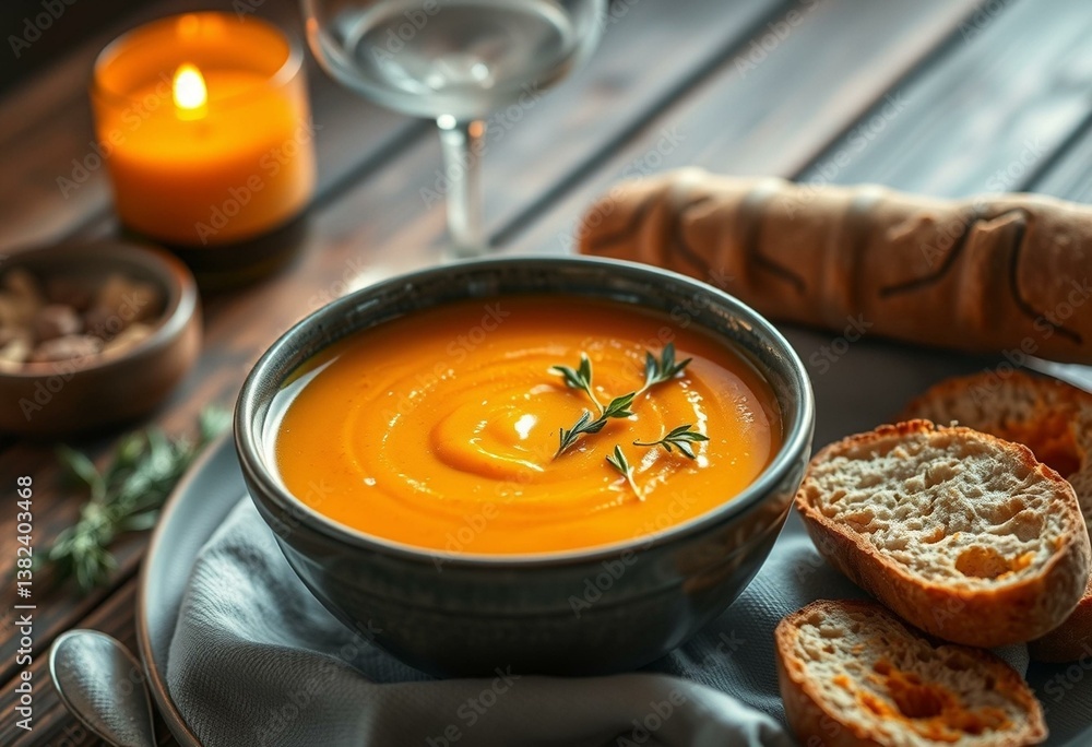 A steaming hot bowl of Butternut Squash Soup with fresh herbs and crusty bread A steaming hot bowl of Butternut Squash Soup with fresh herbs and crusty bread
