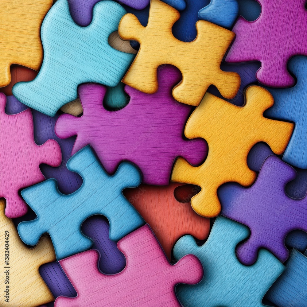 A vibrant collection of interlocking puzzle pieces in various colors, showcasing texture and depth, Ideal for concepts of teamwork, problem-solving A vibrant collection of interlocking puzzle pieces in various colors, showcasing texture and depth, Ideal for concepts of teamwork, problem-solving