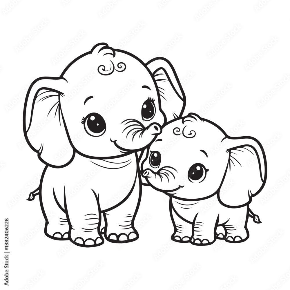 Fototapeta premium Line art of 2 baby elephants , sibling elephants cartoon vector