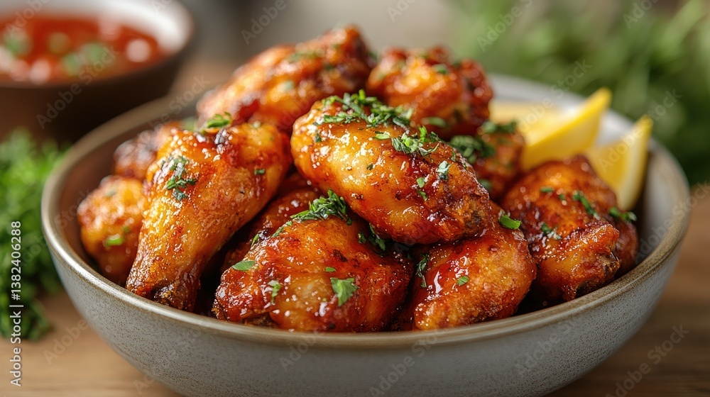Chicken Wings Delight: A close-up shot of delicious, golden-brown chicken wings, artfully arranged with fresh lemon wedges and a sprinkle of herbs, in a rustic ceramic bowl. Chicken Wings Delight: A close-up shot of delicious, golden-brown chicken wings, artfully arranged with fresh lemon wedges and a sprinkle of herbs, in a rustic ceramic bowl.