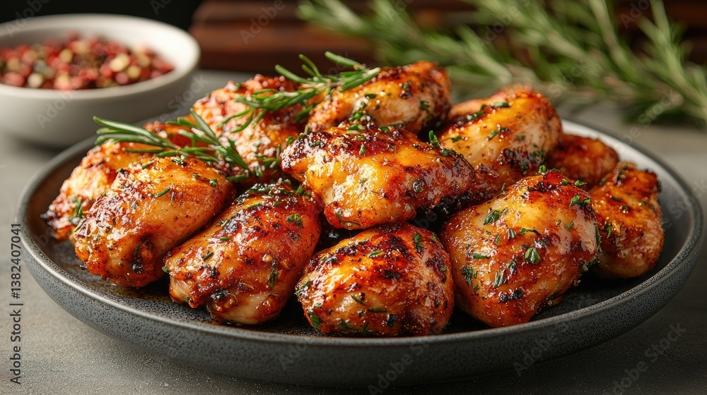 Golden Glazed Chicken Wings: A tempting close-up shot of perfectly cooked, golden glazed chicken wings. Arranged on a dark plate, alongside herbs. Golden Glazed Chicken Wings: A tempting close-up shot of perfectly cooked, golden glazed chicken wings. Arranged on a dark plate, alongside herbs.