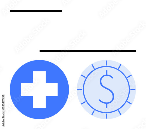 Blue medical cross symbol alongside coin featuring dollar sign. Ideal for healthcare, finance, insurance, economy, budgeting, medical costs, affordable care. Flat simple metaphor