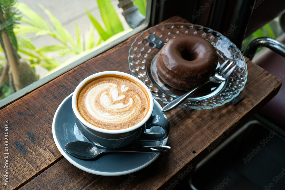 Hot coffee latte with latte art milk foam in cup mug and Homemade chocolate Donut on wood desk on top view. As breakfast In a coffee shop at the cafe,during business work concept,vintage style